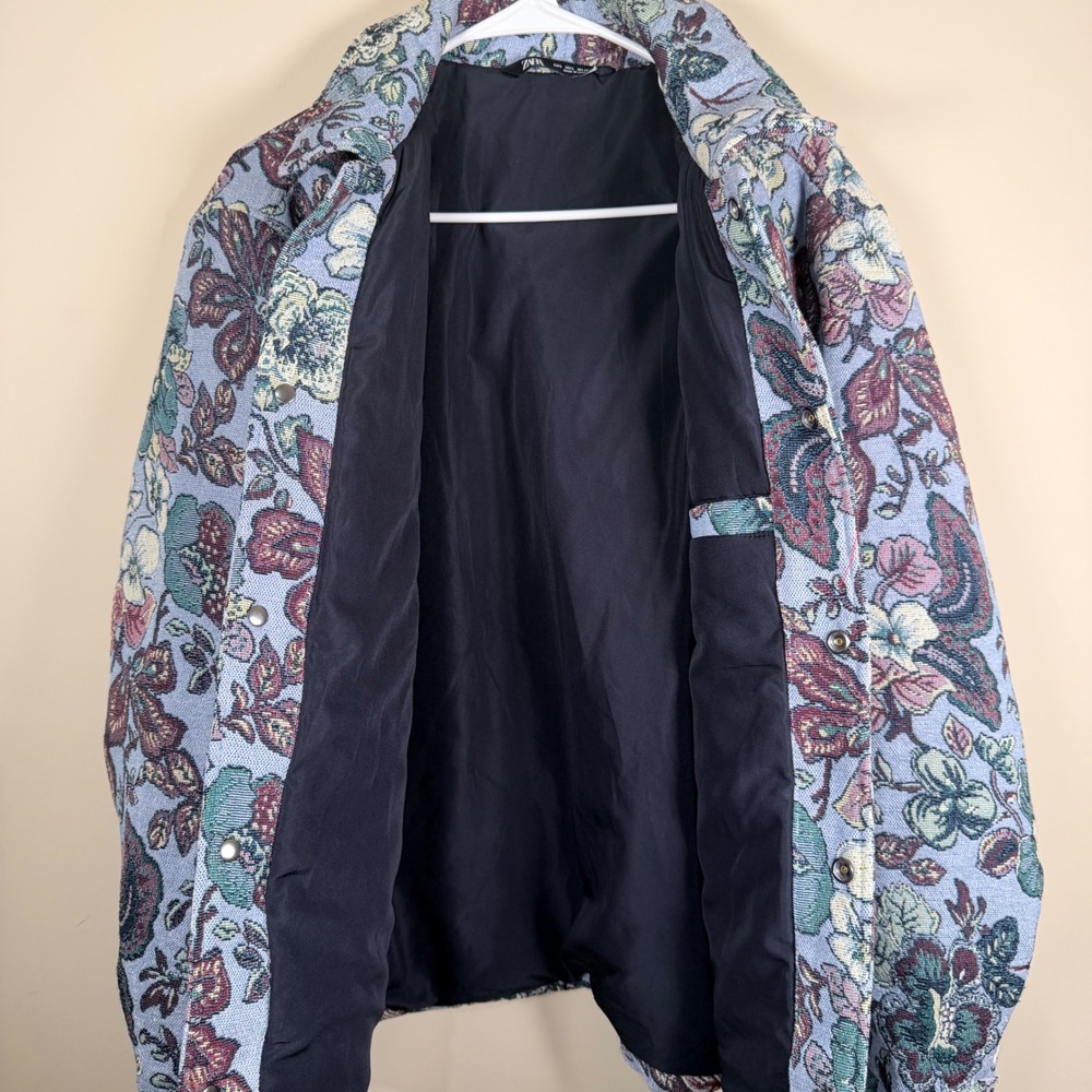 Zara Mens Blue Floral Tapestry Snap Button Jacket Chore Coat Large Maximalist - Picture 10 of 12